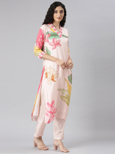 Neerus Peach Straight Casual Floral Kurta and Trouser with Dupatta