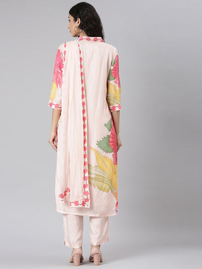 Neerus Peach Straight Casual Floral Kurta and Trouser with Dupatta