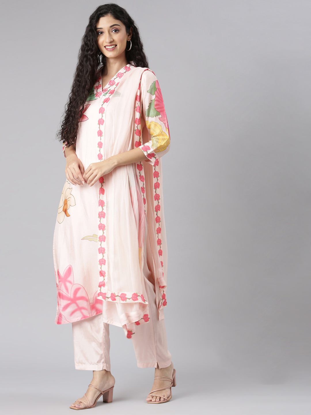 Neerus Peach Straight Casual Floral Kurta and Trouser with Dupatta