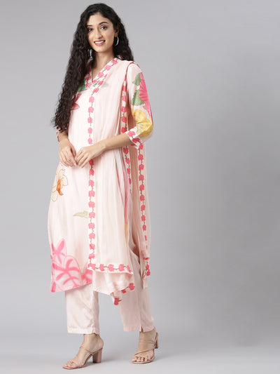 Neerus Peach Straight Casual Floral Kurta and Trouser with Dupatta