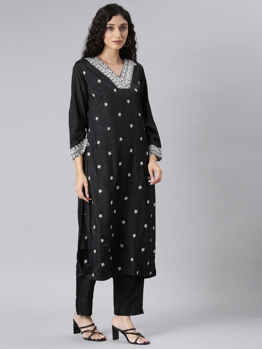 Neerus Black Straight Casual Floral Kurta and Trouser with Dupatta