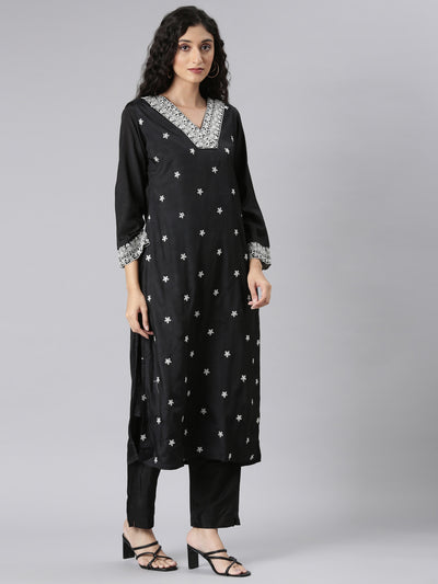 Neerus Black Straight Casual Floral Kurta and Trouser with Dupatta