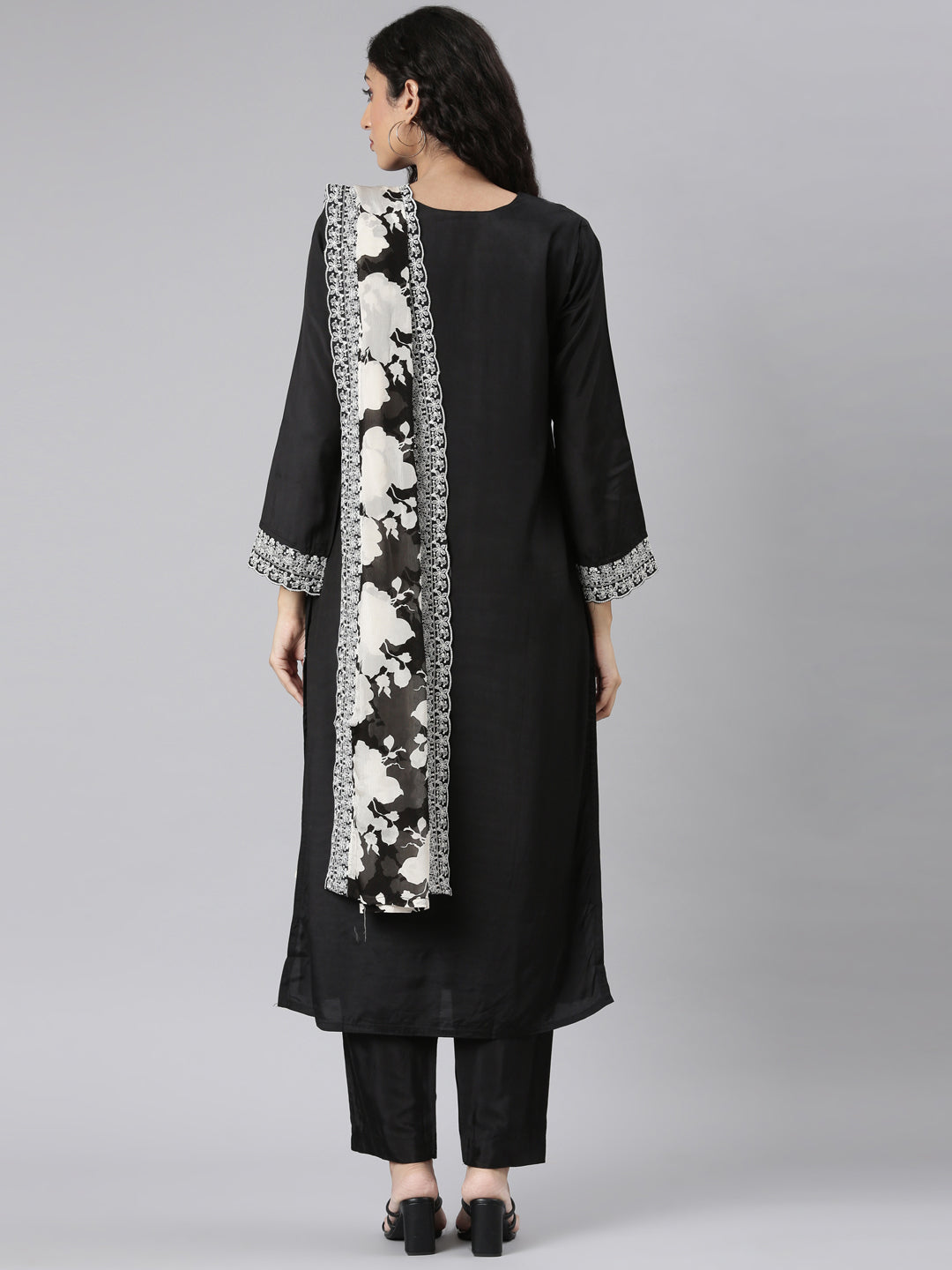 Neerus Black Straight Casual Floral Kurta and Trouser with Dupatta