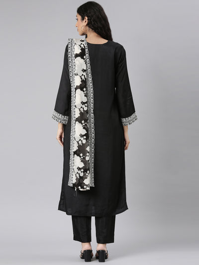 Neerus Black Straight Casual Floral Kurta and Trouser with Dupatta