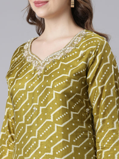 Neerus Green Silk Straight Casual Chevron Kurta and Trouser with Dupatta