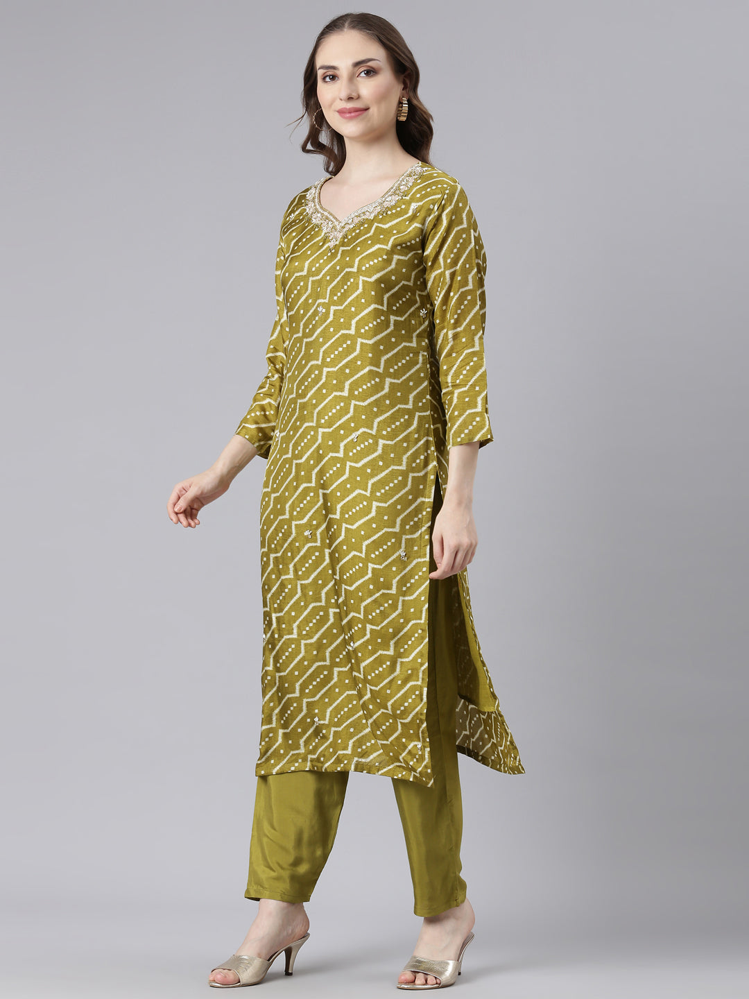 Neerus Green Silk Straight Casual Chevron Kurta and Trouser with Dupatta