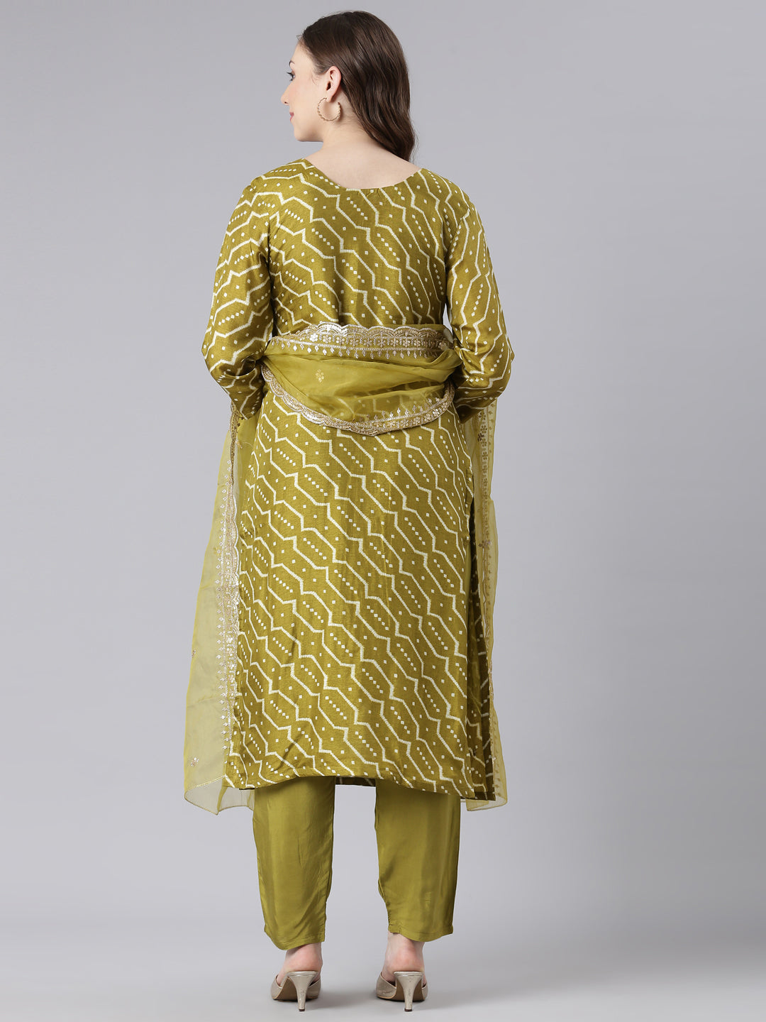 Neerus Green Silk Straight Casual Chevron Kurta and Trouser with Dupatta