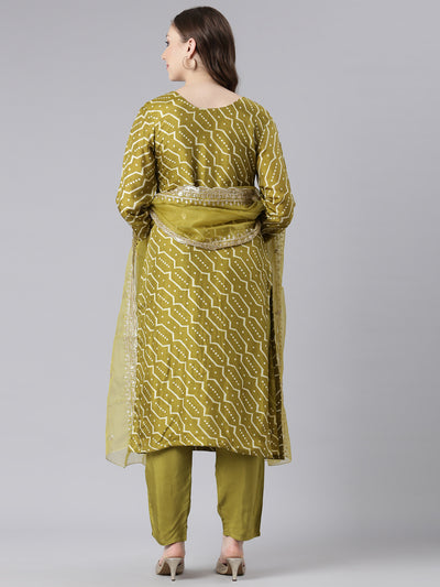 Neerus Green Silk Straight Casual Chevron Kurta and Trouser with Dupatta