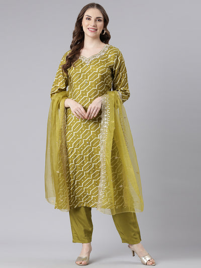 Neerus Green Silk Straight Casual Chevron Kurta and Trouser with Dupatta