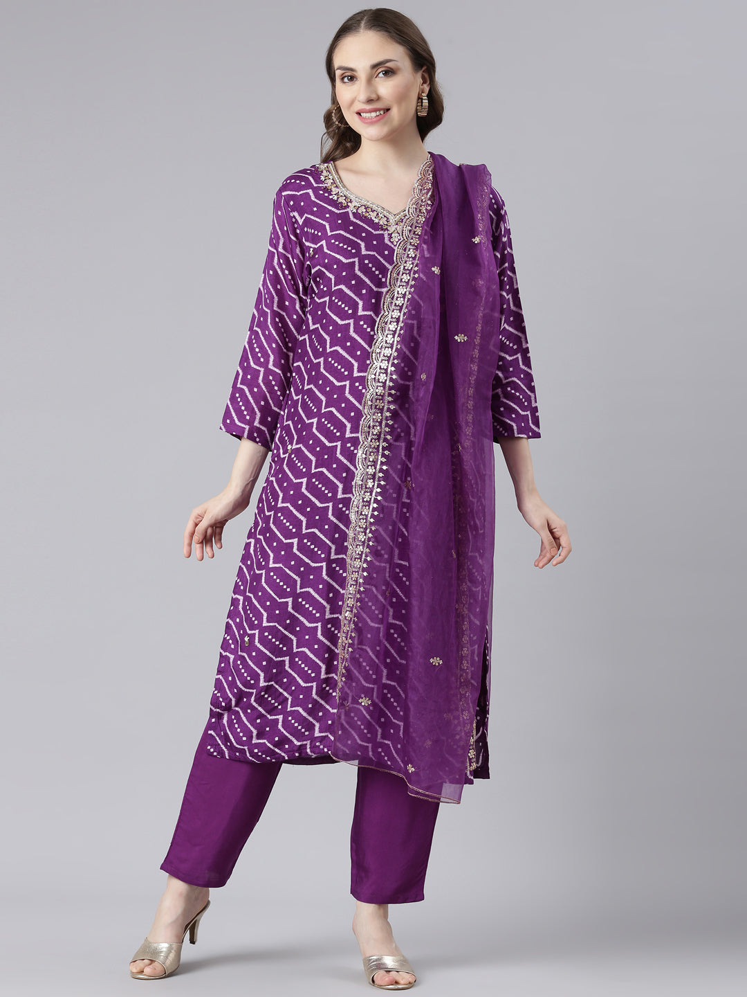 Neerus Purple Silk Straight Casual Chevron Kurta and Trouser with Dupatta