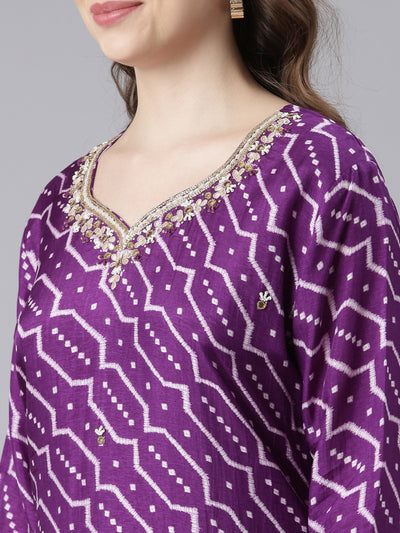 Neerus Purple Silk Straight Casual Chevron Kurta and Trouser with Dupatta