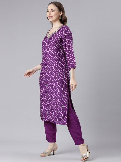 Neerus Purple Silk Straight Casual Chevron Kurta and Trouser with Dupatta