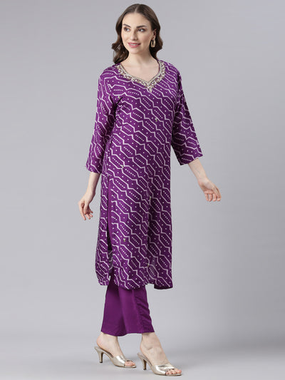 Neerus Purple Silk Straight Casual Chevron Kurta and Trouser with Dupatta