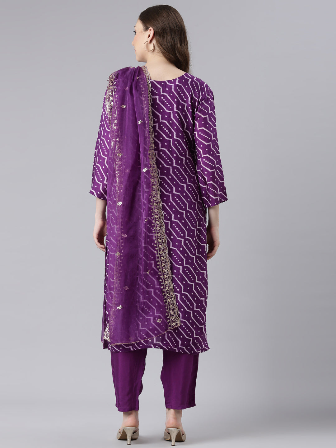 Neerus Purple Silk Straight Casual Chevron Kurta and Trouser with Dupatta