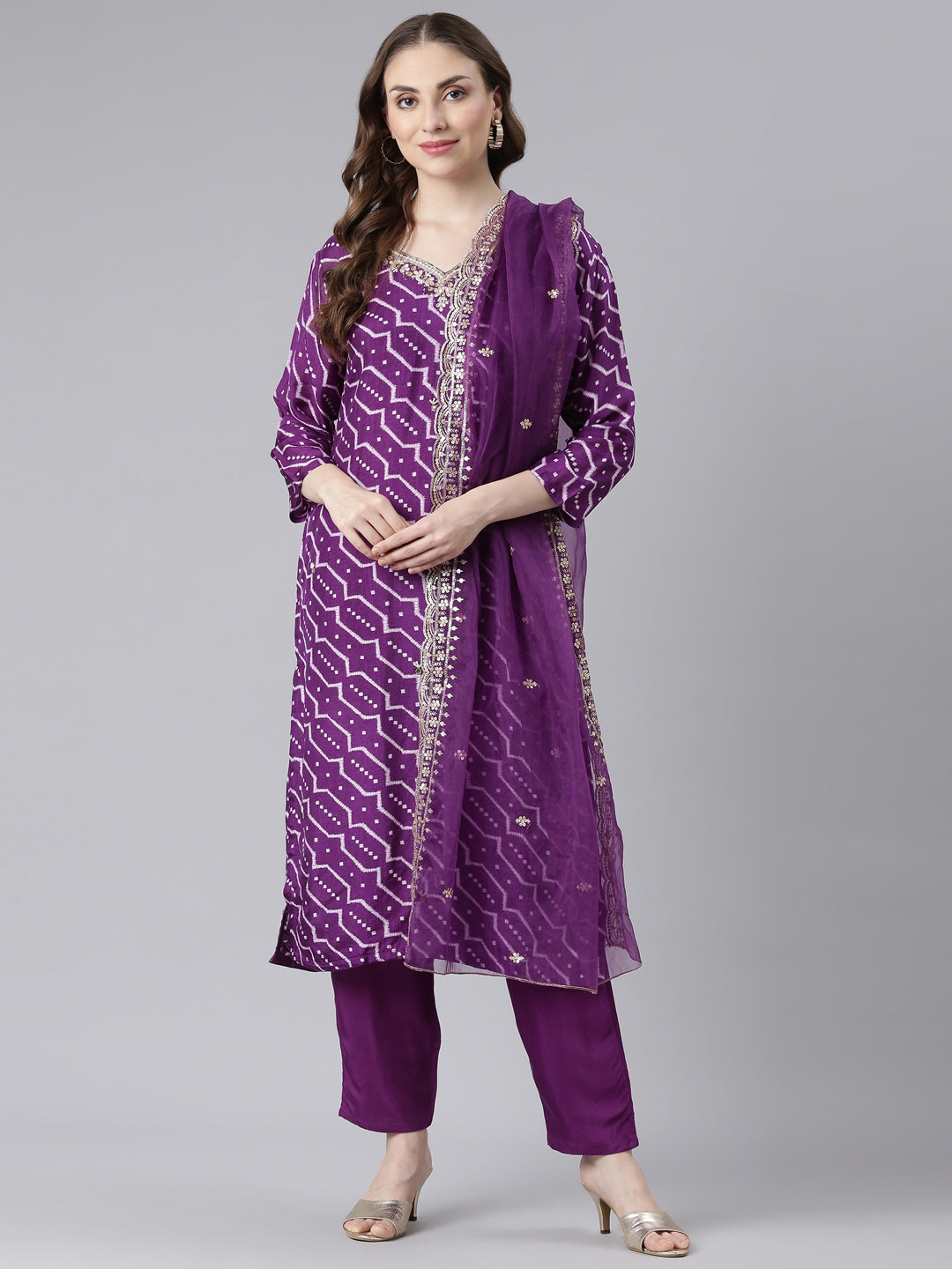 Neerus Purple Silk Straight Casual Chevron Kurta and Trouser with Dupatta