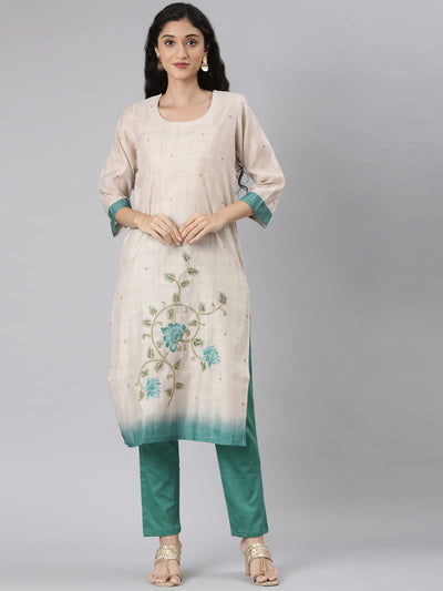 Neerus Beige Straight Casual Floral Kurta and Trouser with Dupatta