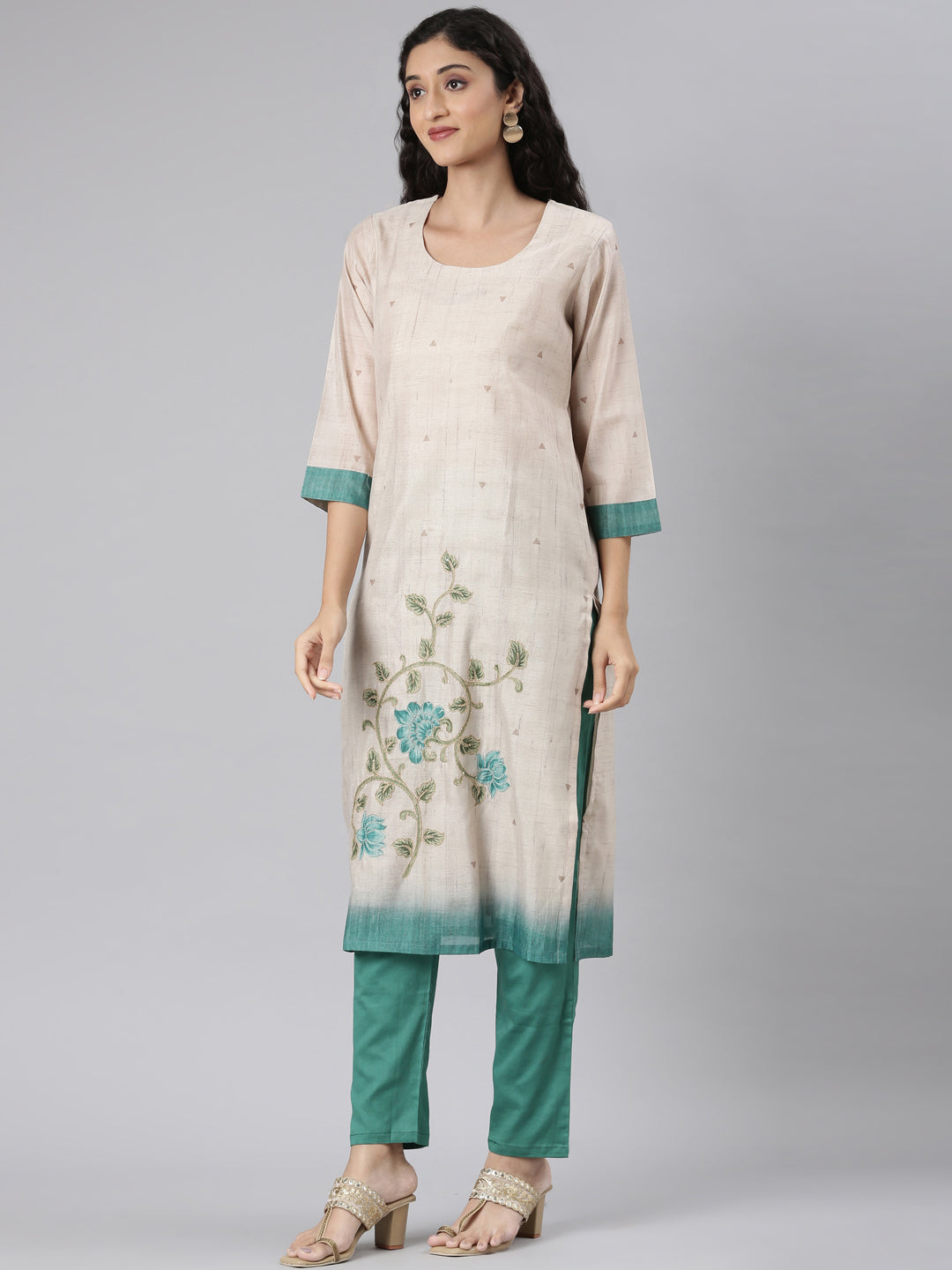 Neerus Beige Straight Casual Floral Kurta and Trouser with Dupatta