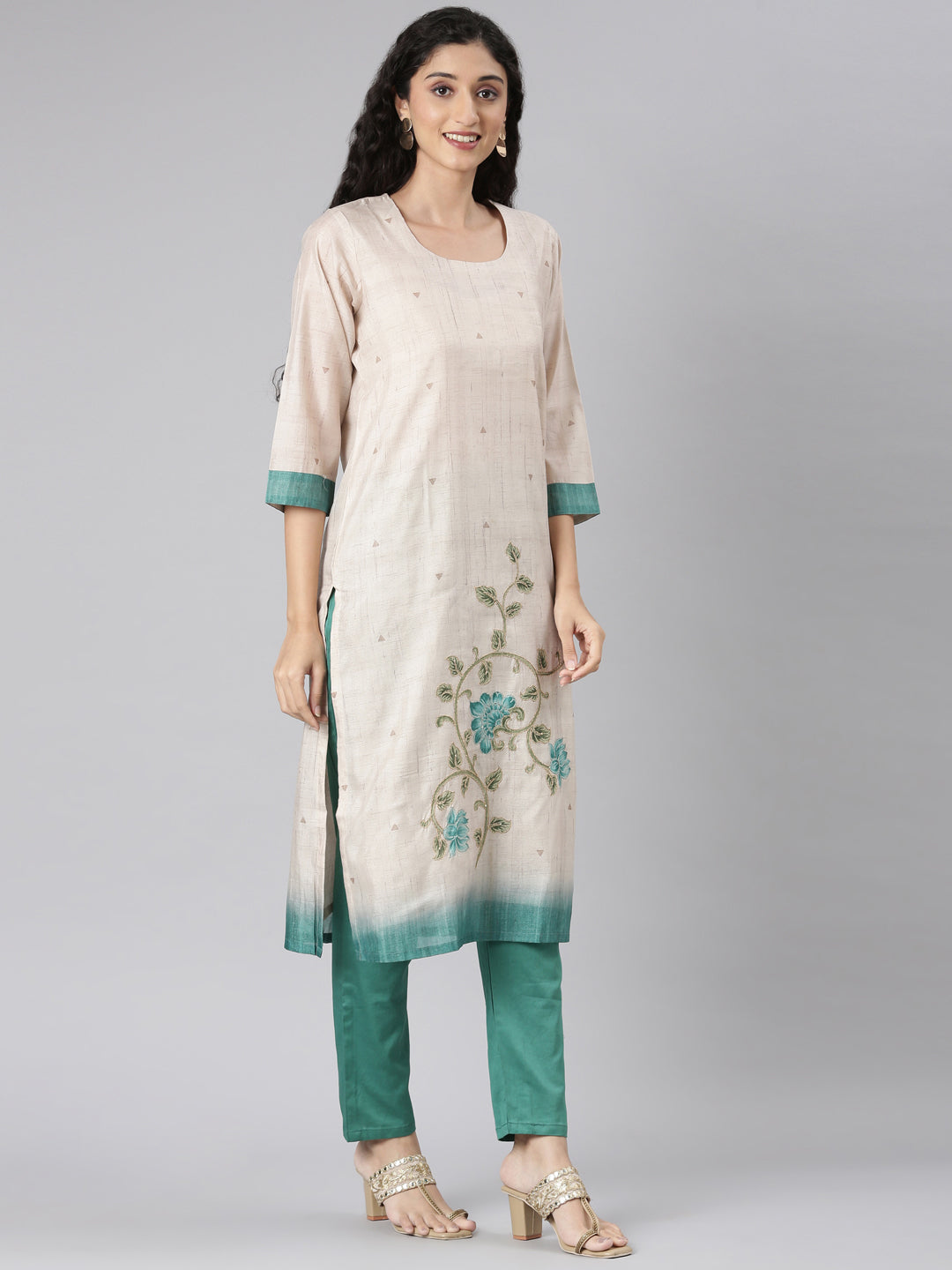 Neerus Beige Straight Casual Floral Kurta and Trouser with Dupatta