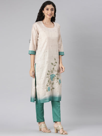 Neerus Beige Straight Casual Floral Kurta and Trouser with Dupatta