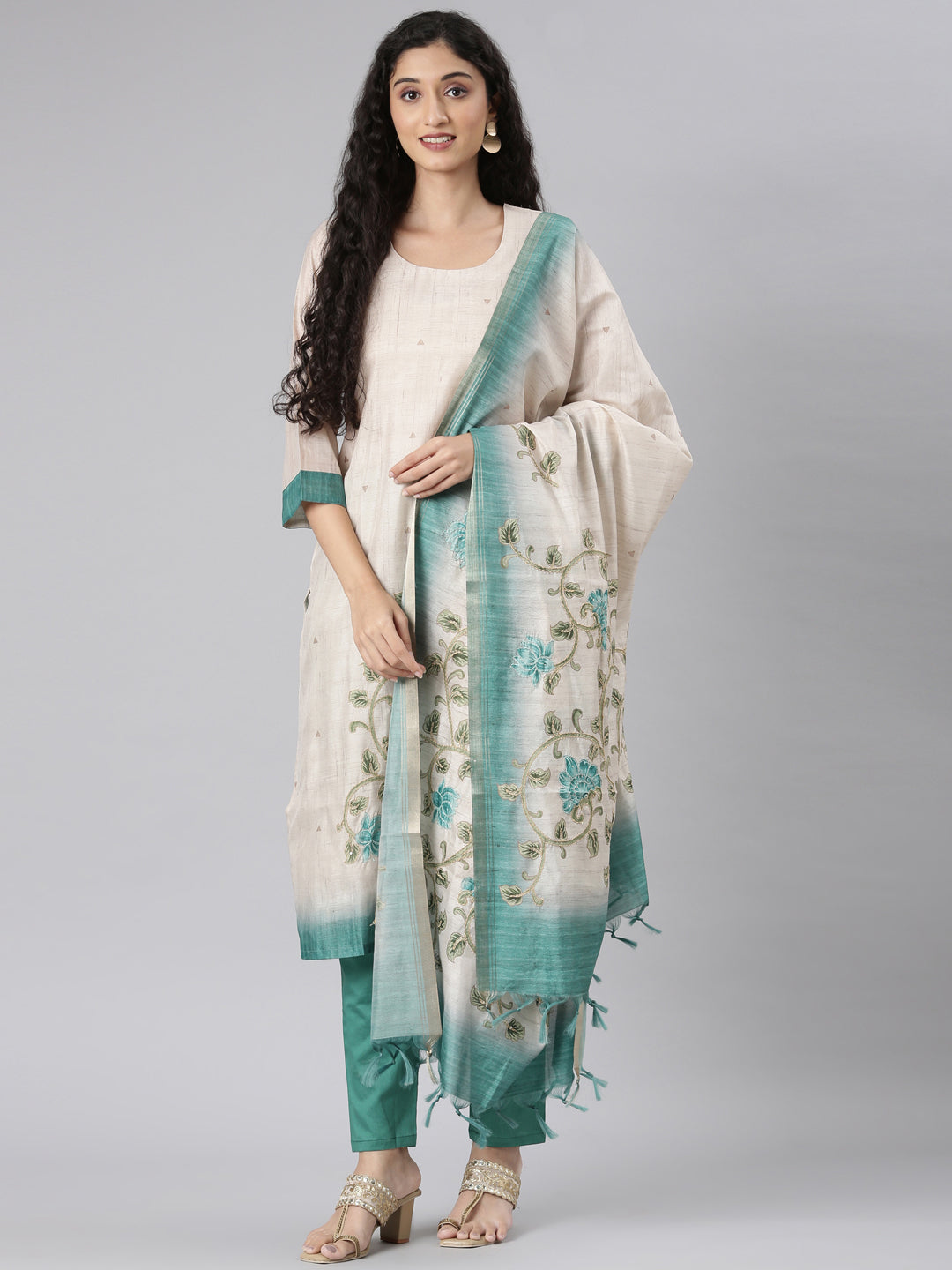 Neerus Beige Straight Casual Floral Kurta and Trouser with Dupatta