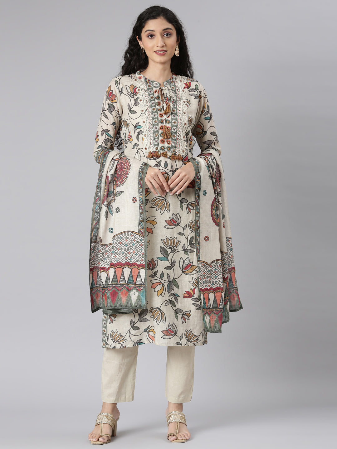 Neerus Beige Straight Casual Floral Kurta and Trouser with Dupatta