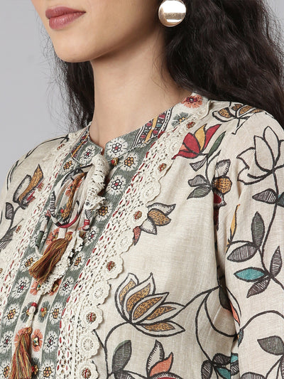 Neerus Beige Straight Casual Floral Kurta and Trouser with Dupatta