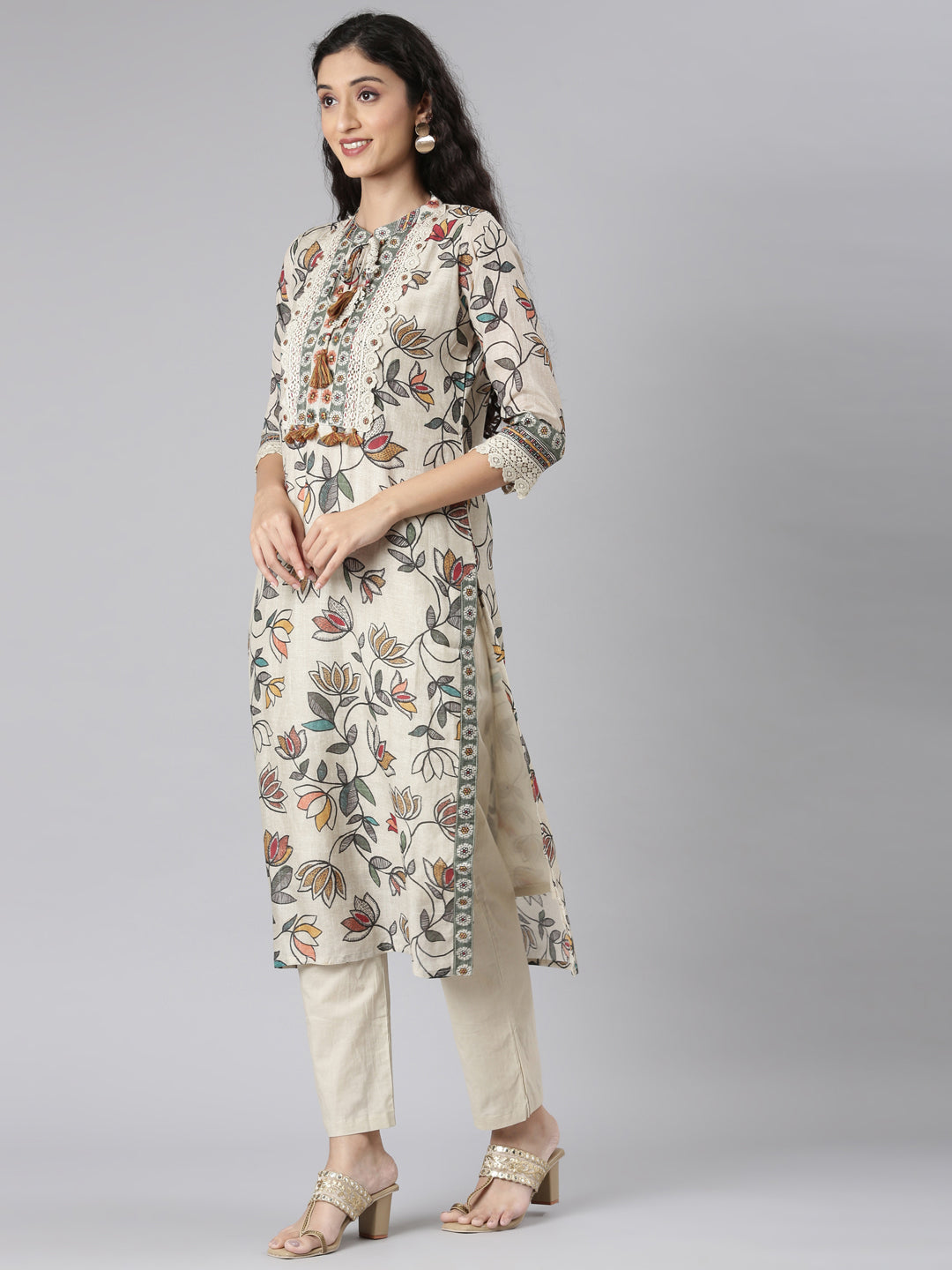 Neerus Beige Straight Casual Floral Kurta and Trouser with Dupatta