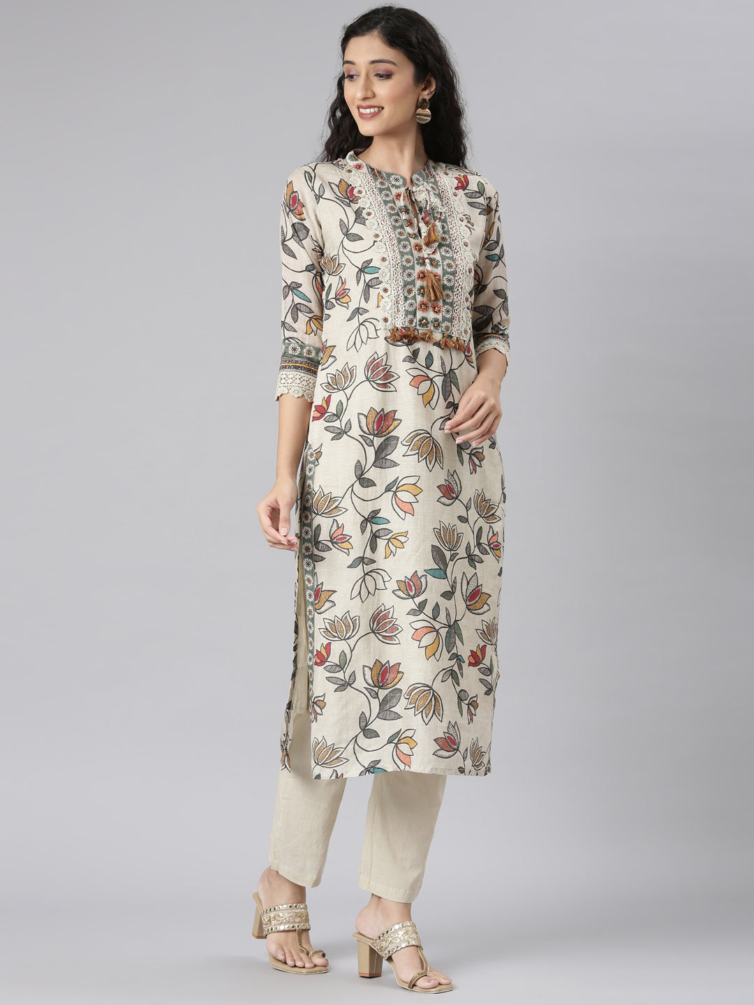 Neerus Beige Straight Casual Floral Kurta and Trouser with Dupatta