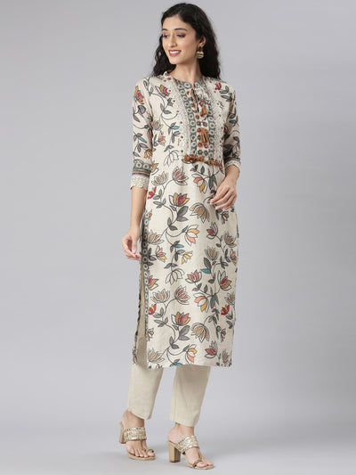 Neerus Beige Straight Casual Floral Kurta and Trouser with Dupatta