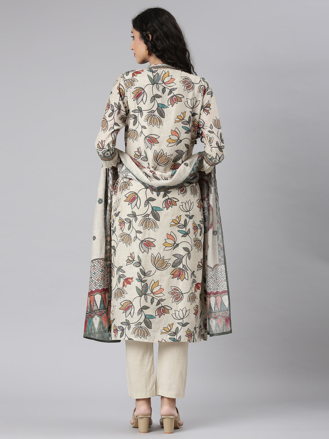 Neerus Beige Straight Casual Floral Kurta and Trouser with Dupatta