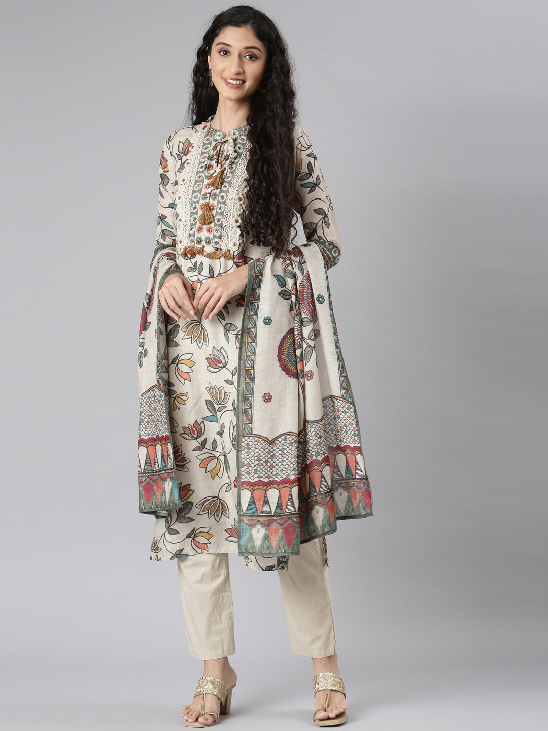 Neerus Beige Straight Casual Floral Kurta and Trouser with Dupatta