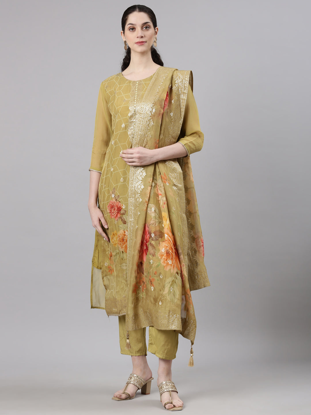 Neerus Green Straight Casual Floral Kurta and Trouser with Dupatta