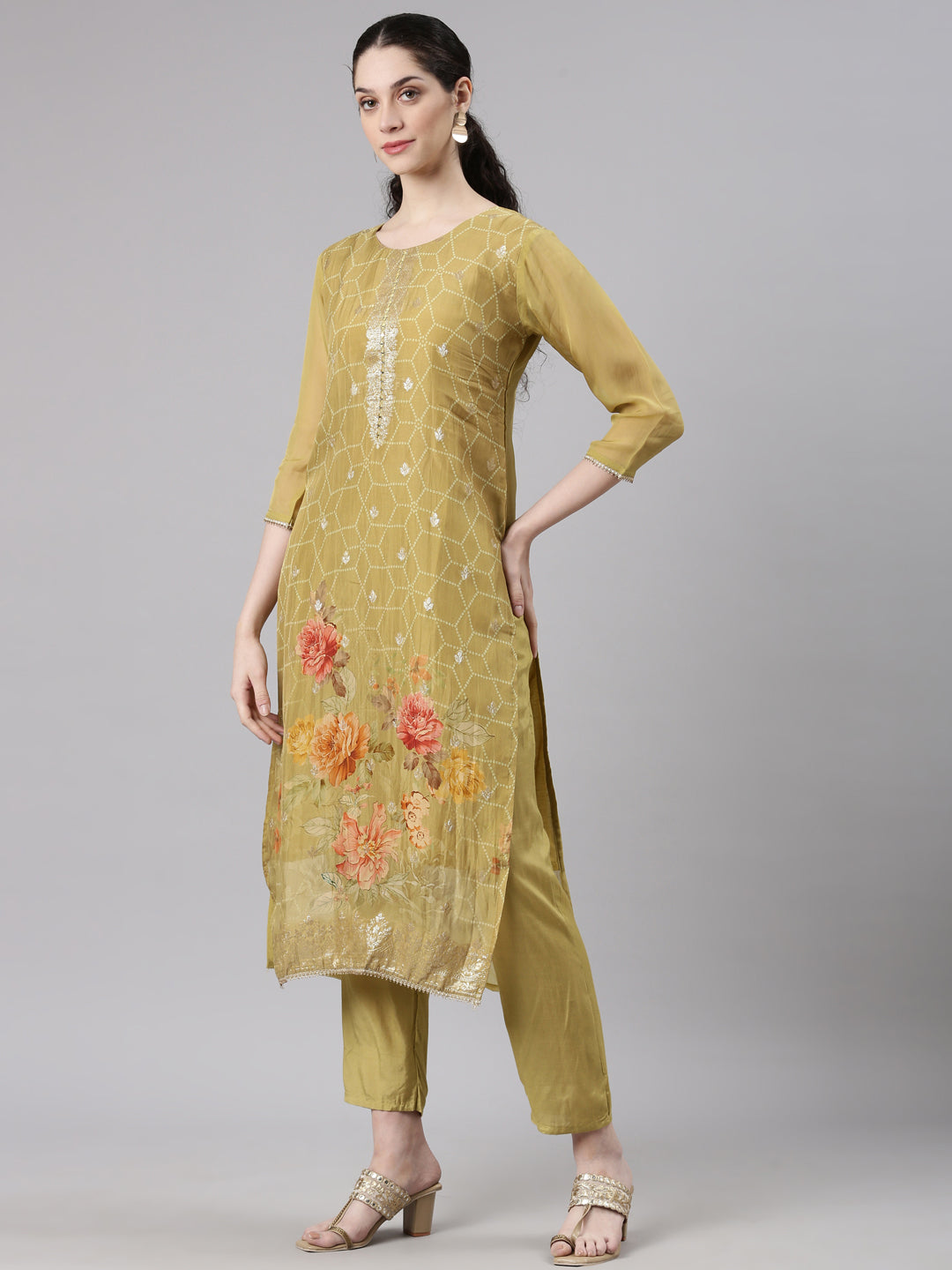 Neerus Green Straight Casual Floral Kurta and Trouser with Dupatta