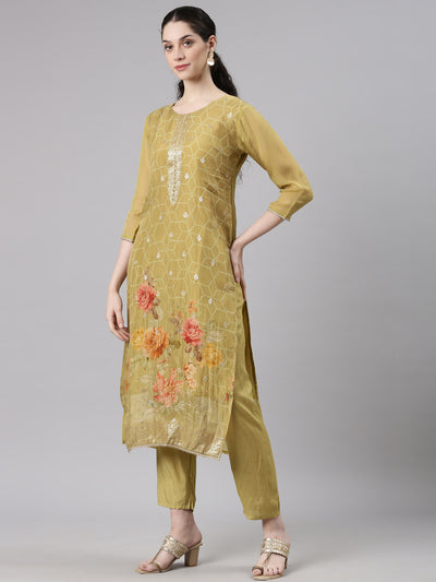 Neerus Green Straight Casual Floral Kurta and Trouser with Dupatta