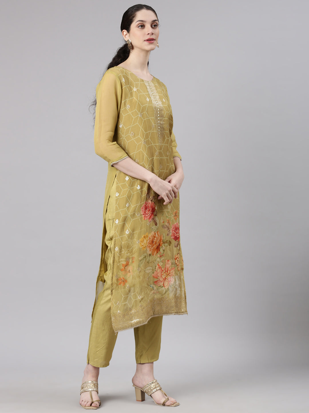 Neerus Green Straight Casual Floral Kurta and Trouser with Dupatta