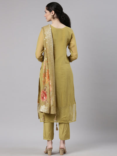 Neerus Green Straight Casual Floral Kurta and Trouser with Dupatta