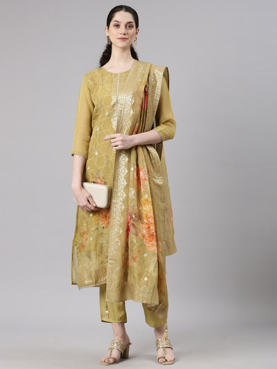 Neerus Green Straight Casual Floral Kurta and Trouser with Dupatta