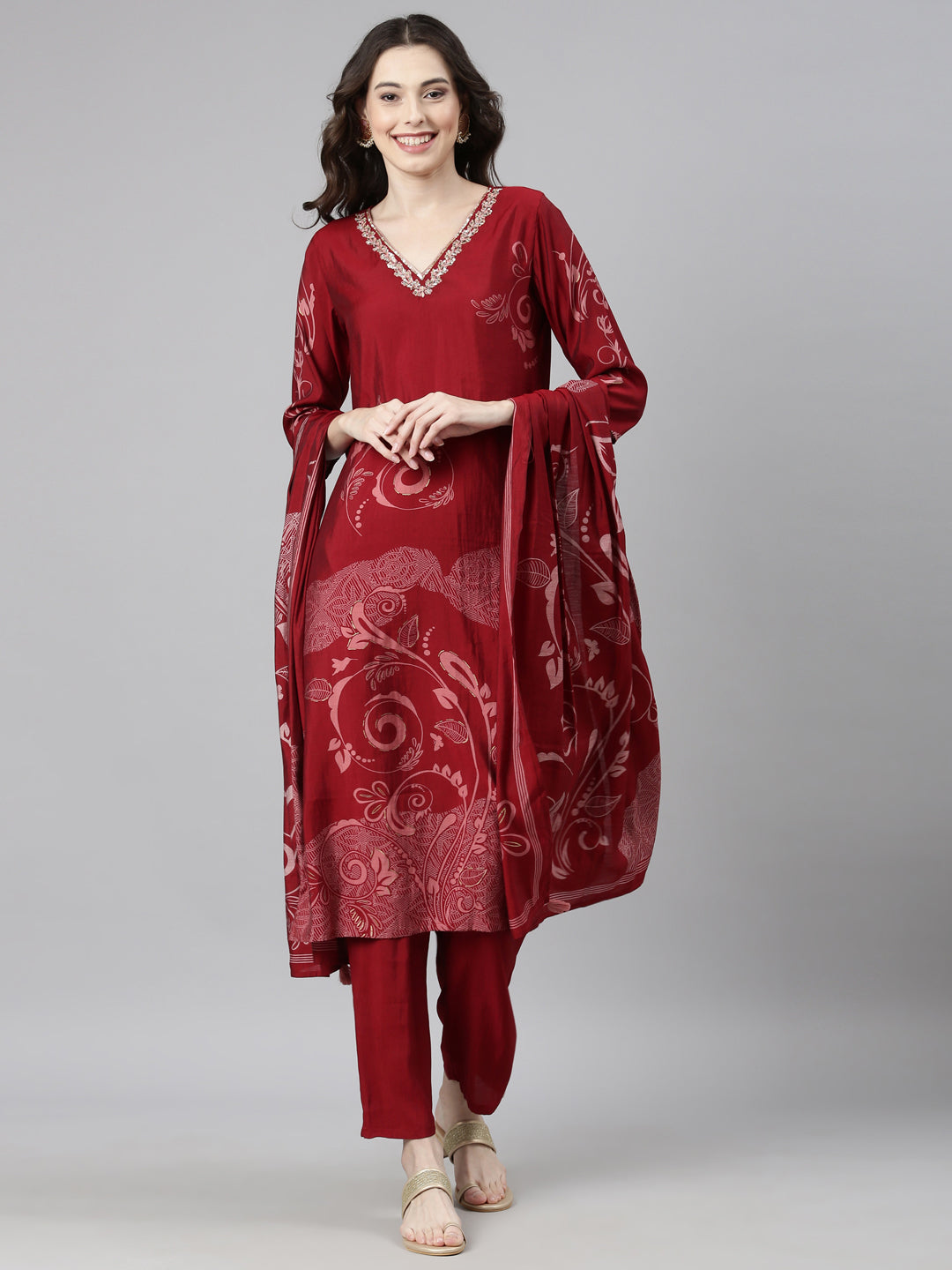 Neerus Maroon Casual  Straight Kurta and Trousers With Dupatta