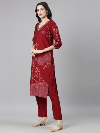 Neerus Maroon Casual  Straight Kurta and Trousers With Dupatta