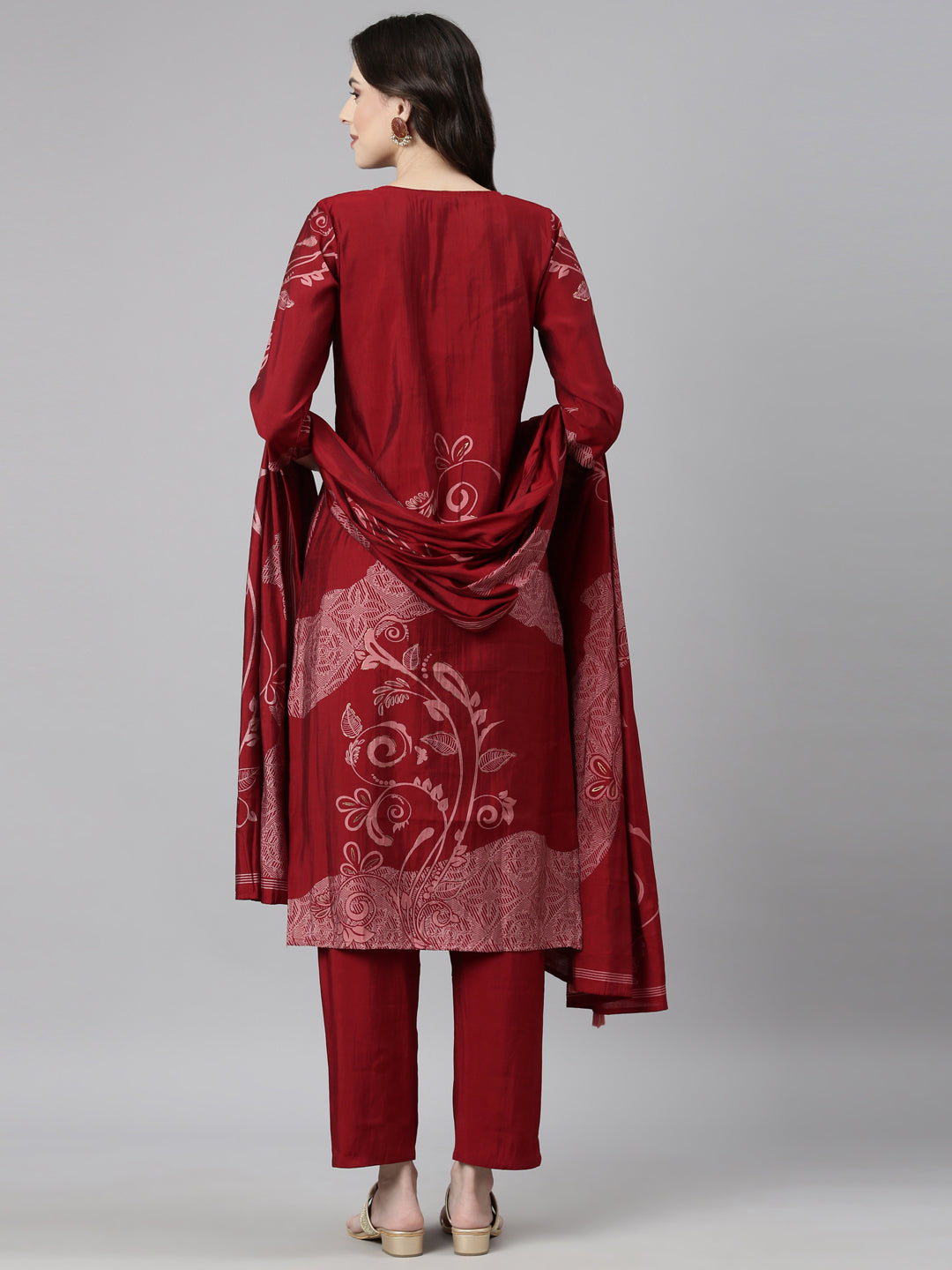 Neerus Maroon Casual  Straight Kurta and Trousers With Dupatta