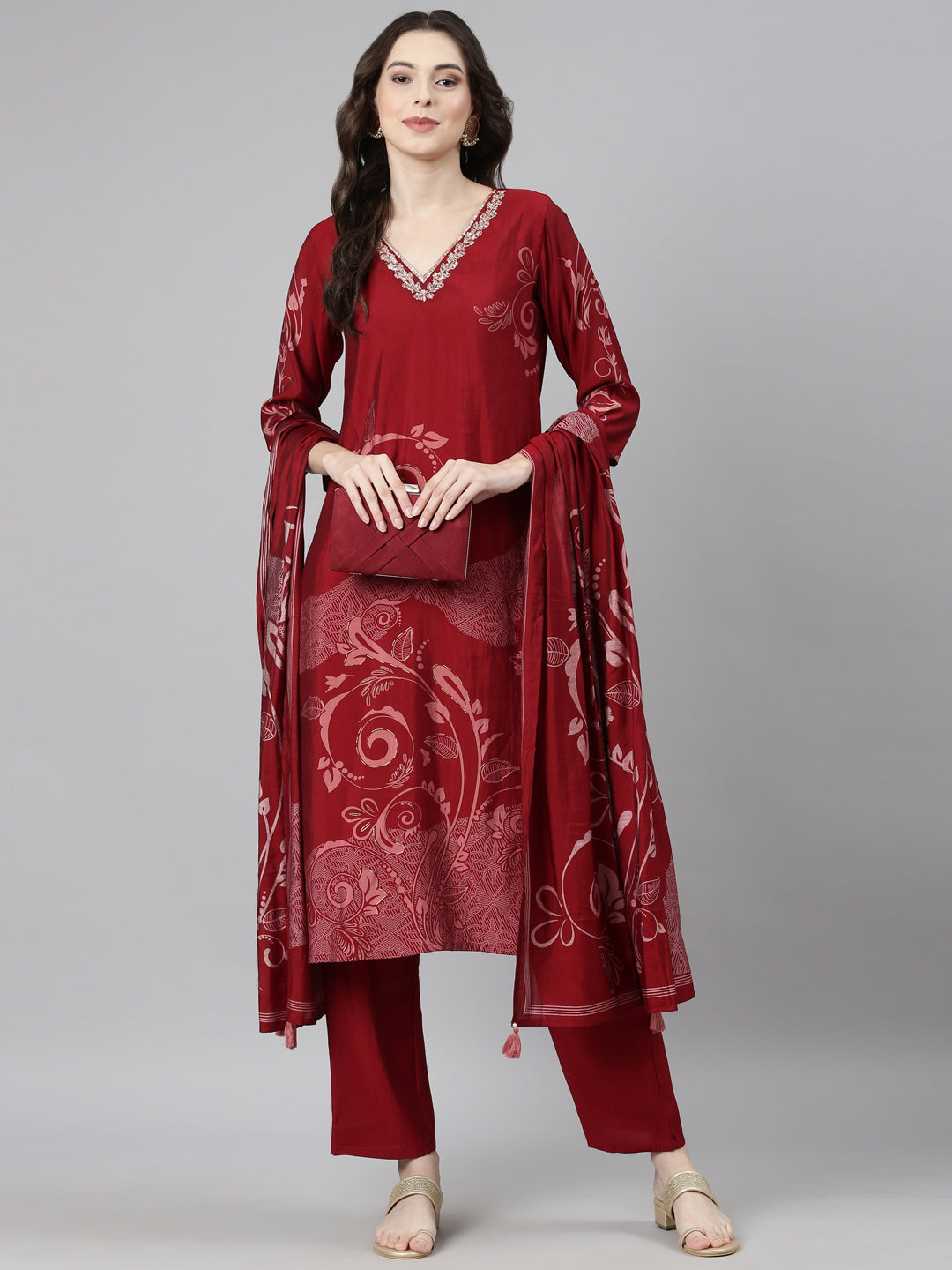 Neerus Maroon Casual  Straight Kurta and Trousers With Dupatta