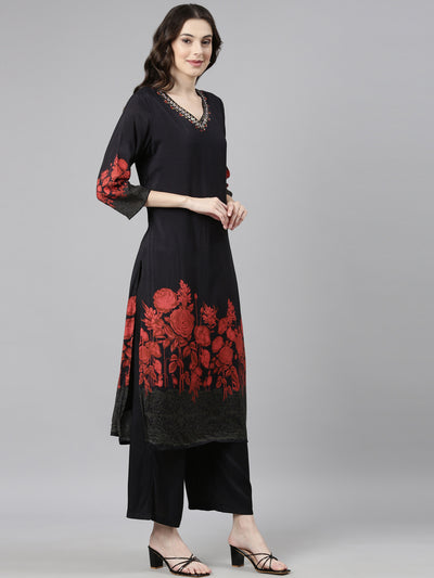 Neerus Black Casual Floral Straight Kurta and Trousers With Dupatta