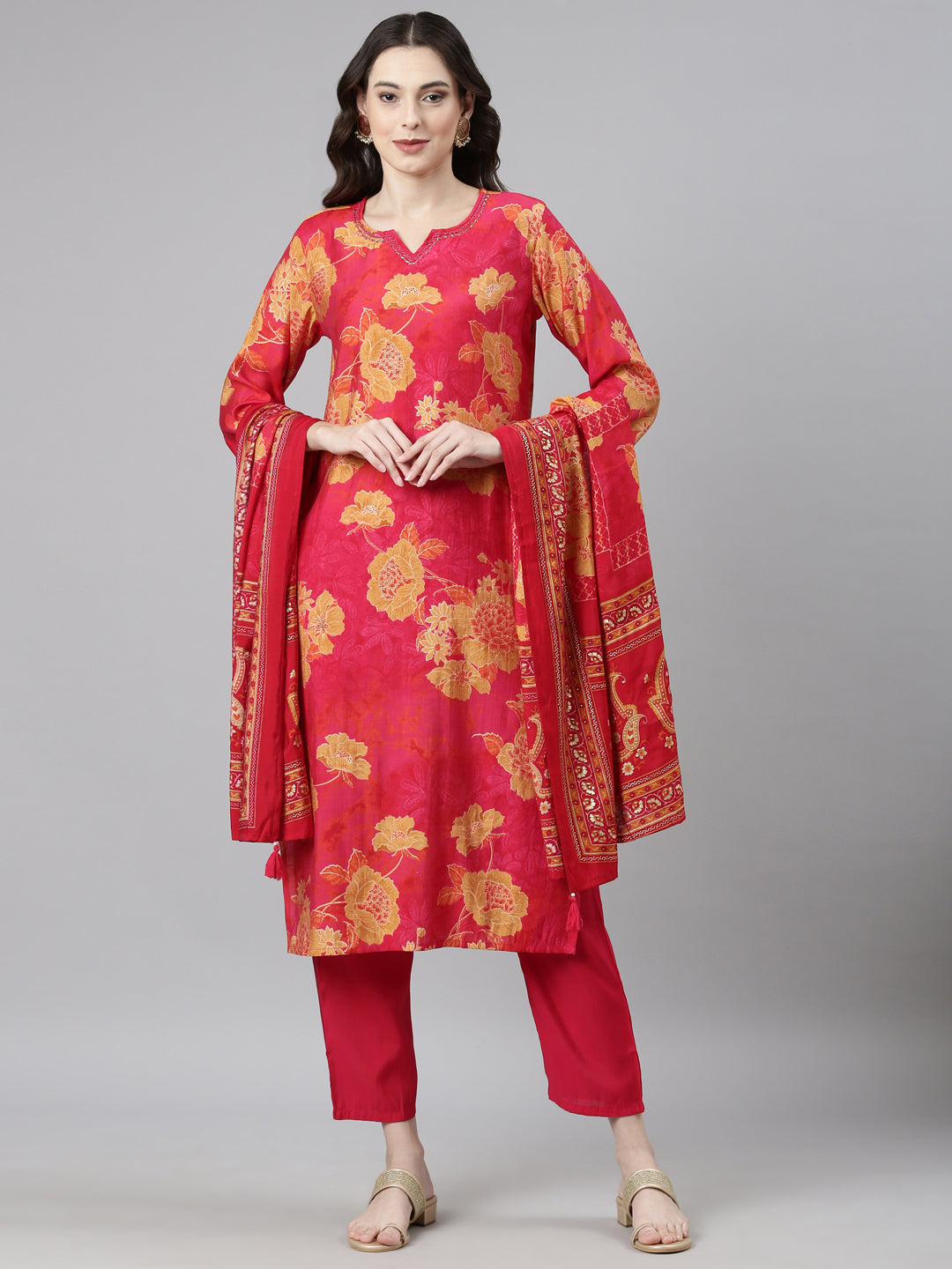 Neerus Pink Casual Floral Straight Kurta and Trousers With Dupatta