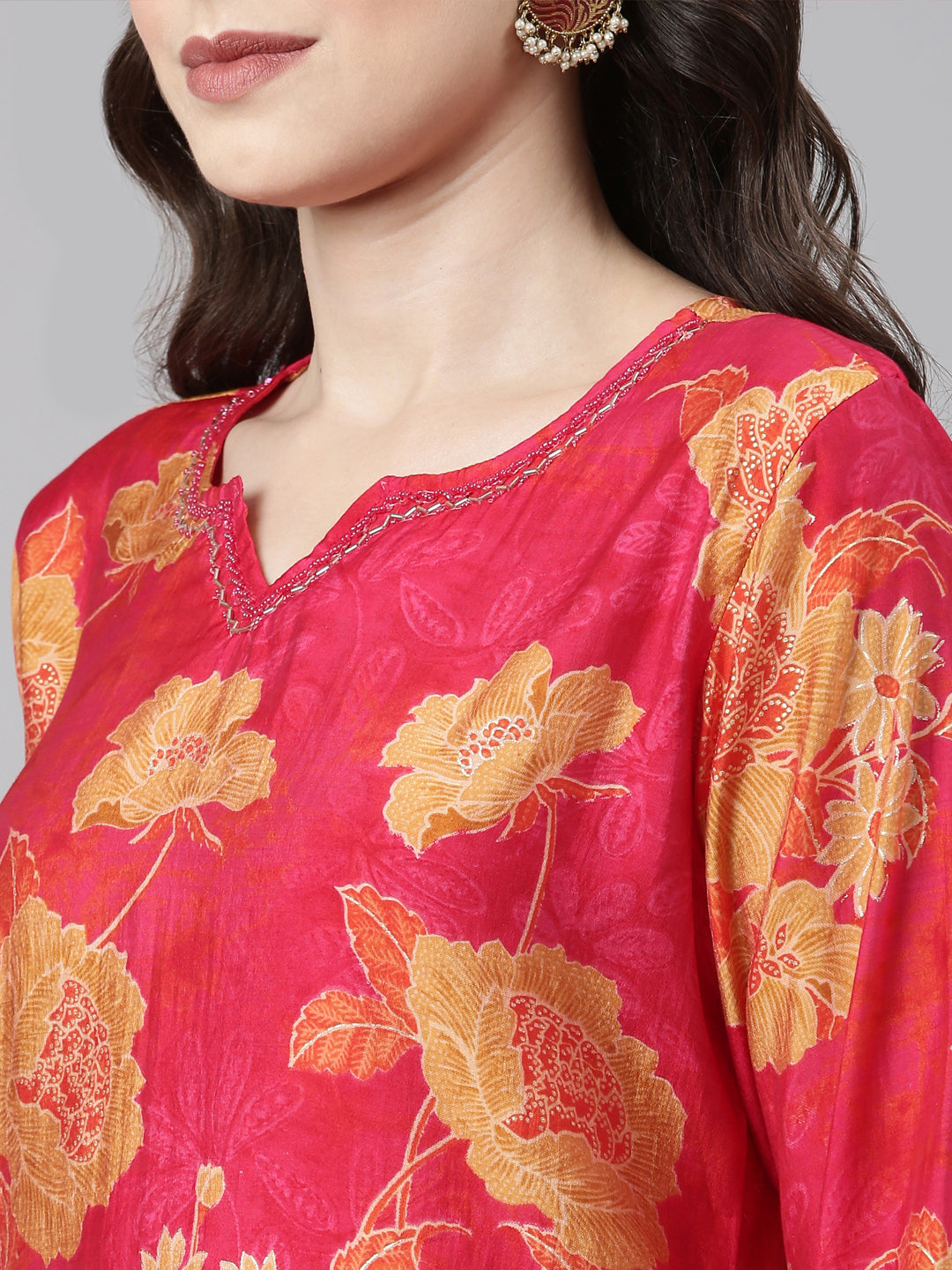 Neerus Pink Casual Floral Straight Kurta and Trousers With Dupatta