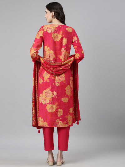 Neerus Pink Casual Floral Straight Kurta and Trousers With Dupatta