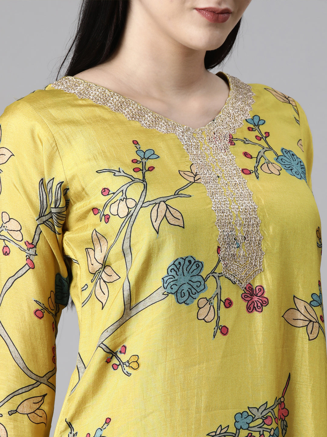 Neerus Yellow Casual Quirky Straight Kurta and Trousers With Dupatta