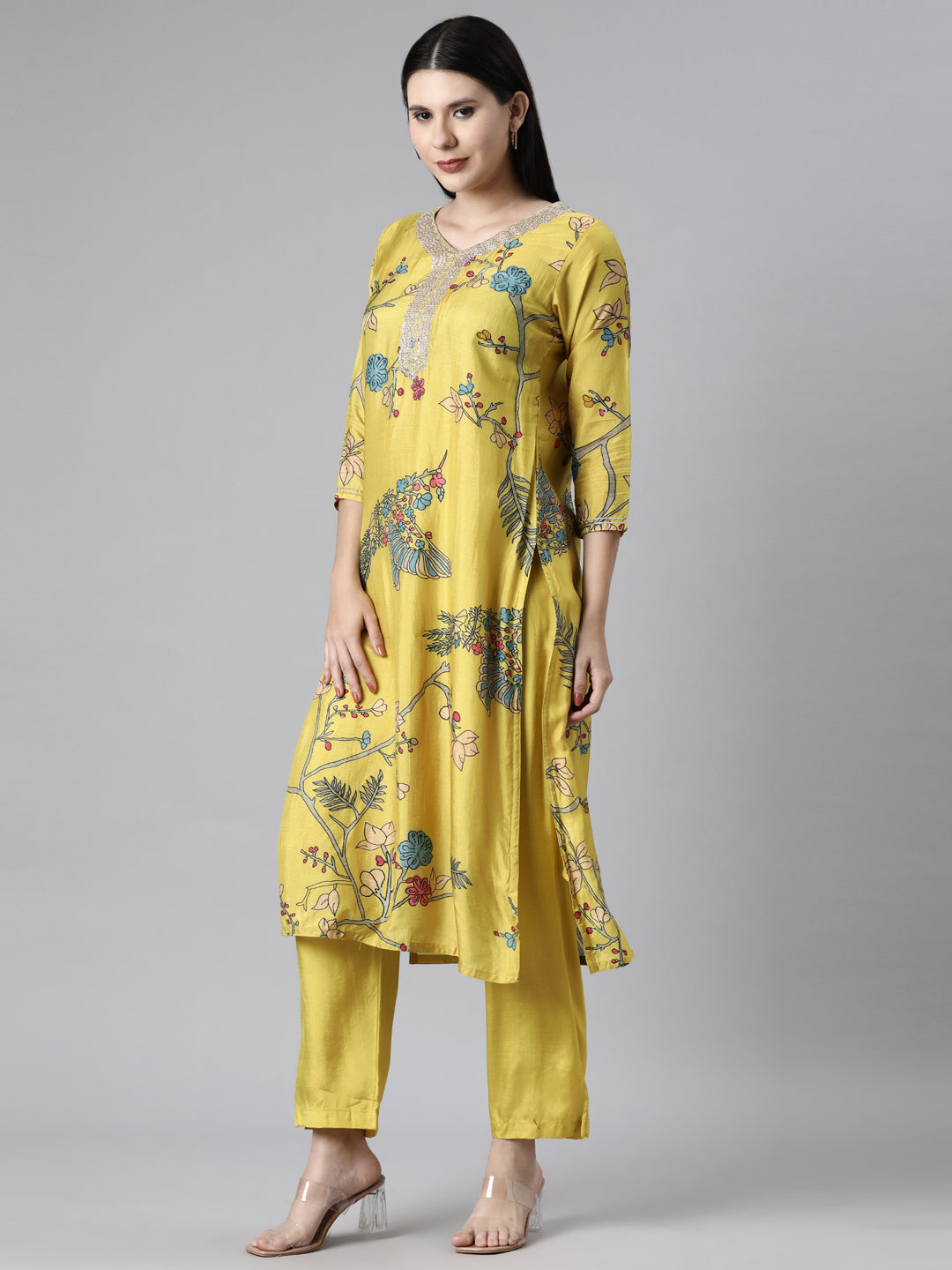 Neerus Yellow Casual Quirky Straight Kurta and Trousers With Dupatta