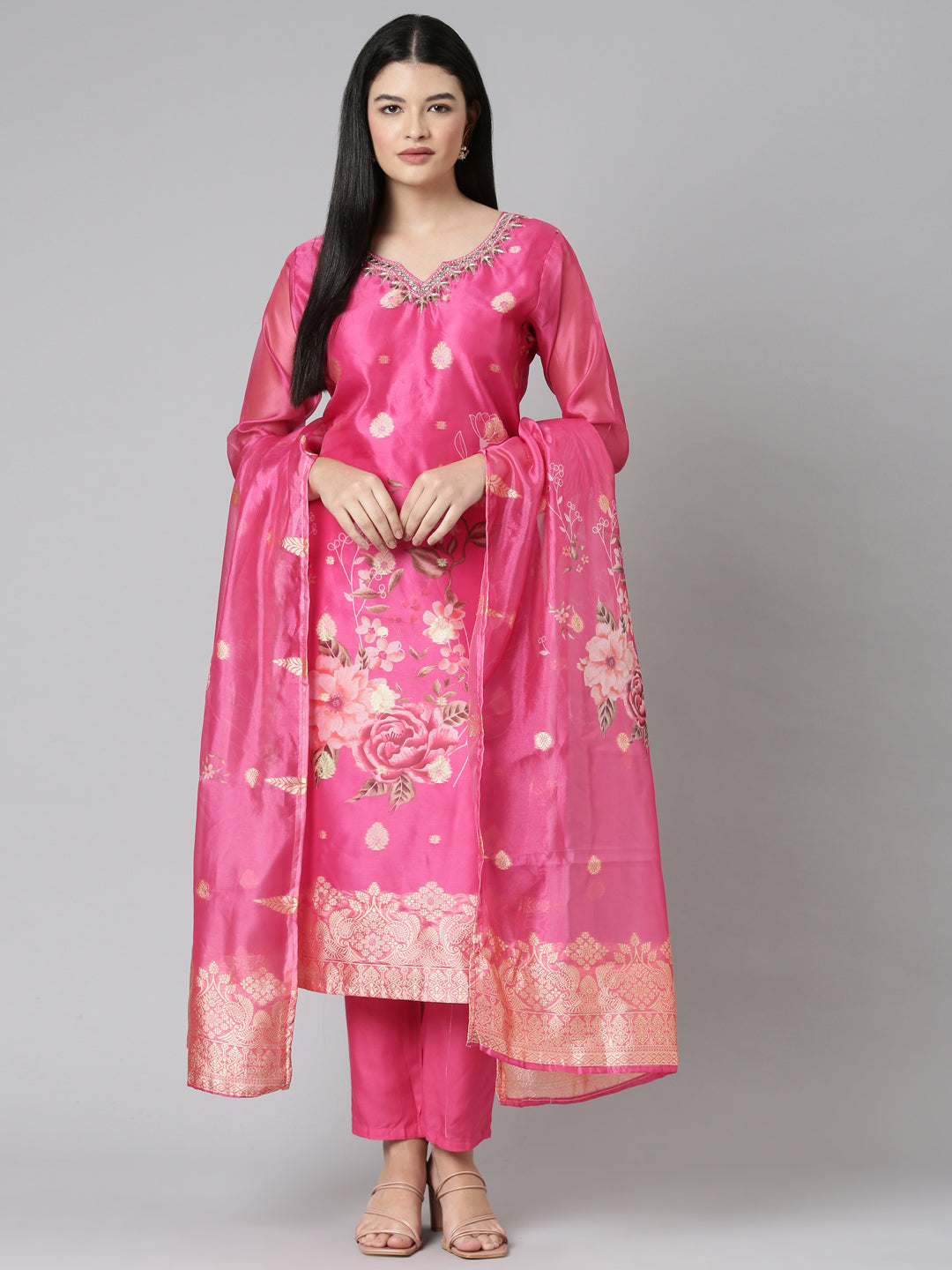 Neerus Pink Casual Floral Straight Kurta and Trousers With Dupatta