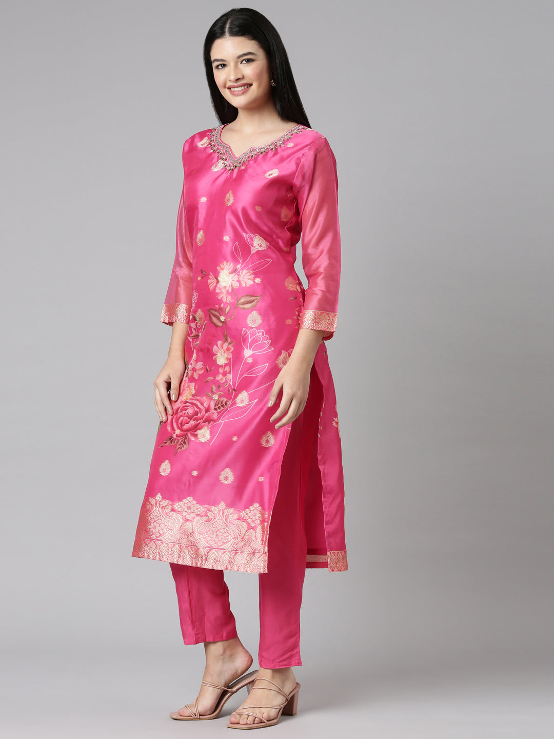 Neerus Pink Casual Floral Straight Kurta and Trousers With Dupatta