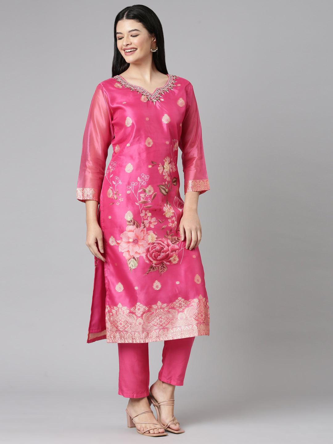 Neerus Pink Casual Floral Straight Kurta and Trousers With Dupatta